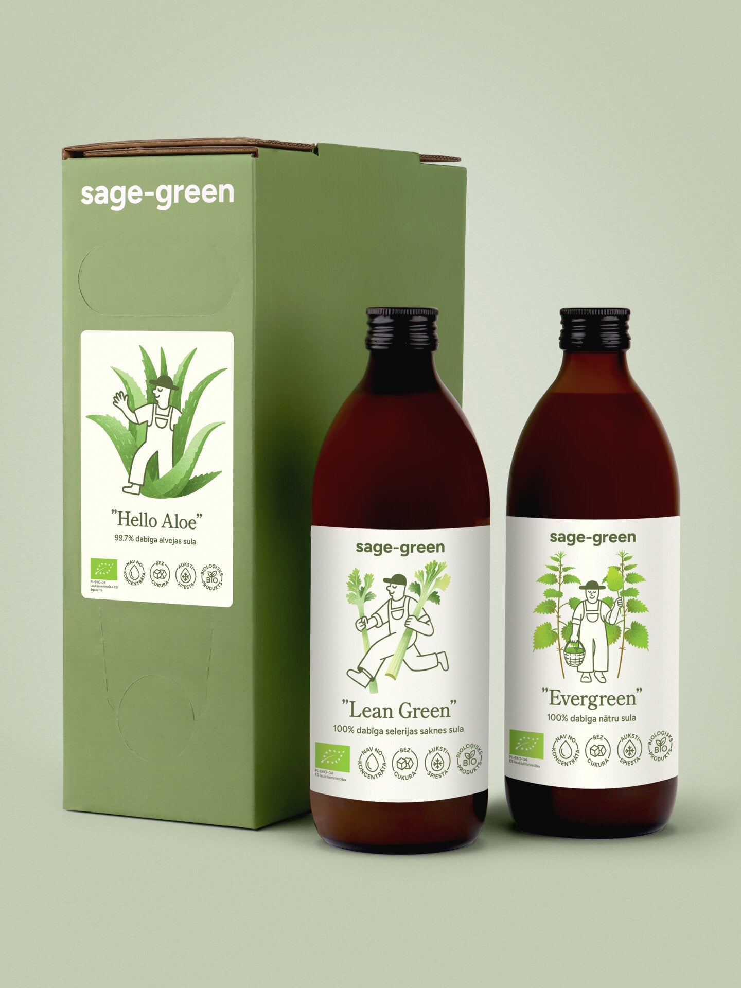 Detoksikācijas komplekts Zaļais restarts – 3 L alvejas sula + nātru sula 500 ml + seleriju sula 500 ml sastāvdaļās redzam uz baltas virsmas