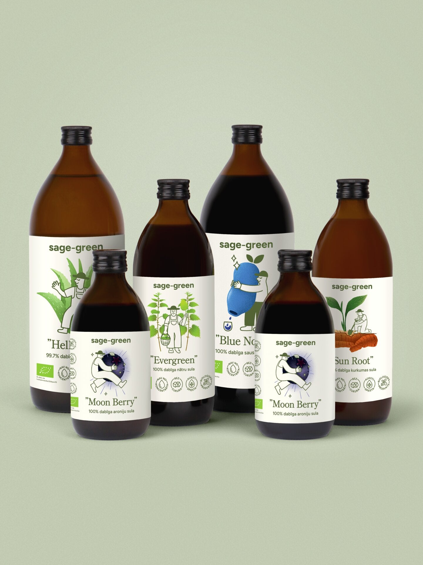 Komplekts Iekšējais miers – 1 L sausseržu sula, 1 L alvejas sula, 500 ml nātru sula, 500 ml kurkumas sula un aronijas sula